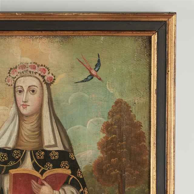 Antique Religious Mexican Painting of a Female Saint For Sale In West Palm - Image 6 of 11