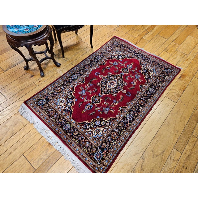 Red Vintage Persian Kashan Rug, Hand-Knotted Wool, Floral Pattern, Red & Navy, 4x6 For Sale - Image 8 of 17