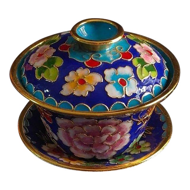 Vintage Chinese Cobalt Blue Cloisonné Enamel Floral "Three-Piece" Tea Bowl Set For Sale