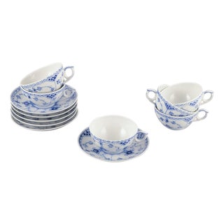 Blue Fluted Half Lace Teacups with Saucers from Royal Copenhagen, 1970s, Set of 12 For Sale