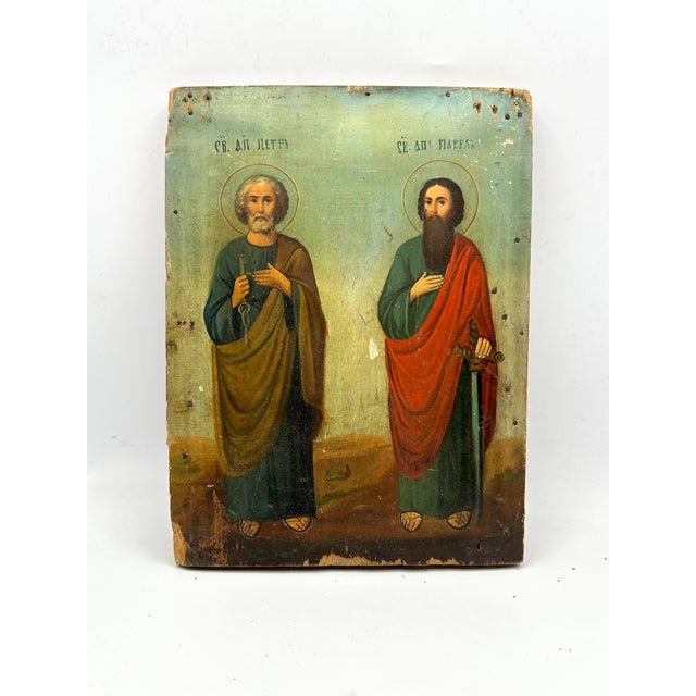 19th-Century Icon Painting of Saints Peter and Paul, Oil on Wood For Sale - Image 17 of 18