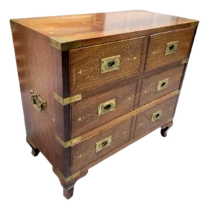 Vintage Anglo Indian Small Campaign Brass Rosewood 4 Drawer Chest of Drawers