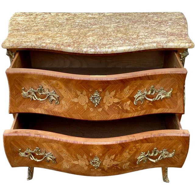 Louis XV Style Chest of Drawers in Marquetry and Veined Marble, 1930s For Sale - Image 10 of 11