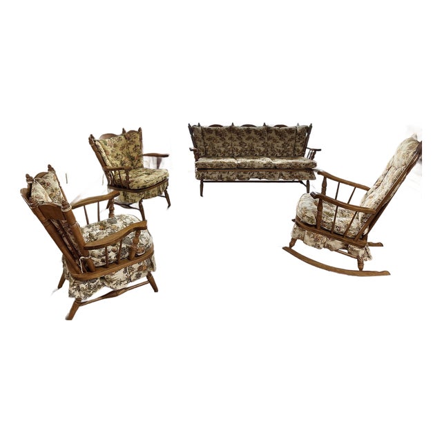 Vintage Tell City “Andover” Colonial Revival Solid Maple Glider Living Room Suite – Sofa, Lounge Chairs & Rocker For Sale