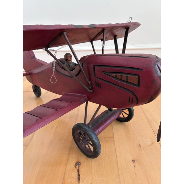 Ruby Red Large Vintage Handmade Wooden Airplane Model Biplane, 1930s For Sale - Image 8 of 18