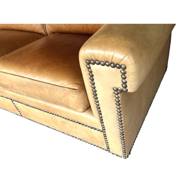 Vintage English Leather Sofa Tan Color Nail Head Trim Feather Down Cushions For Sale - Image 10 of 18