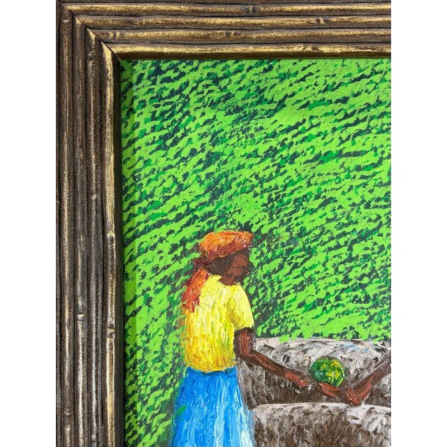 Folk Art Vintage Samuel Saint Louis Signed Haitian Oil Painting, Market Scene on Canvas For Sale - Image 3 of 6