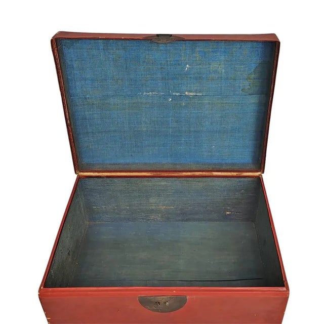Wood 1900s Red Leather Antique Trunk For Sale - Image 7 of 8