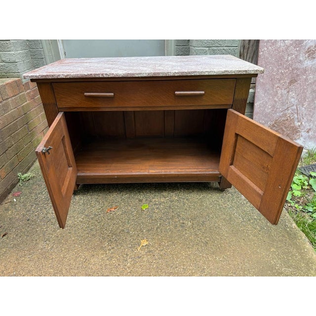 Early 20th Century Antique French Art Deco Style Marble Top Oak Wood Cabinet Sideboard With Geometric Front For Sale - Image 5 of 18