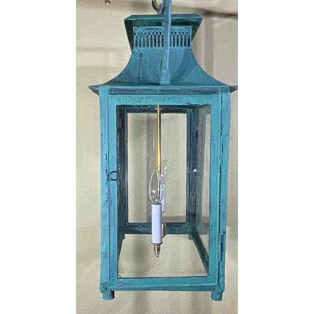 Metal One of a Kind Hand-Painted Turquoise Hanging Lantern Steel & Solid Brass For Sale - Image 7 of 18