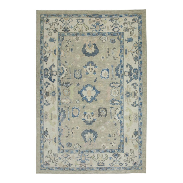Early 21st Century Green & Blue Floral Design Handwoven Wool Turkish Oushak Rug 6'3" X 8'6" For Sale