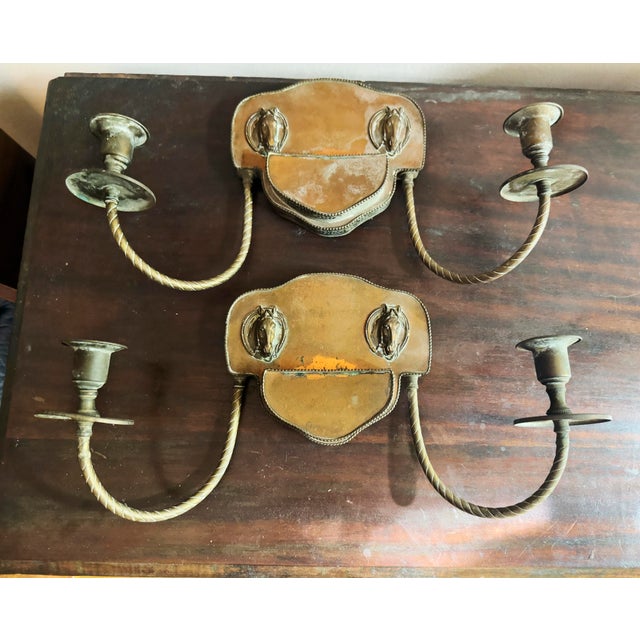 1970s Vintage Colonial Revival Brass Horse Head Double Arm Wall Sconces, Pair For Sale - Image 12 of 16