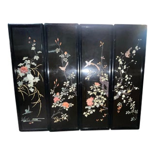 Vintage Chinese Black Lacquered Panels Carved Stone Inlay Birds For Sale