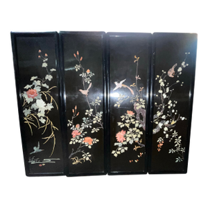Vintage Chinese Black Lacquered Panels Carved Stone Inlay Birds