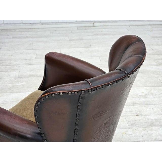 Vintage Danish Lounge Chair in Brown Furniture Leather and Velour, 1930s For Sale - Image 17 of 18
