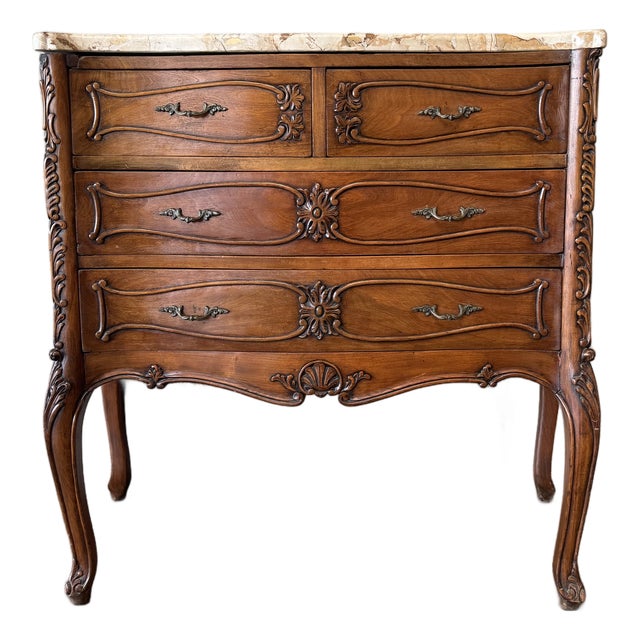 19th Century French Antique Louis XV Bombay Chest of Drawers W/ Marble Top For Sale