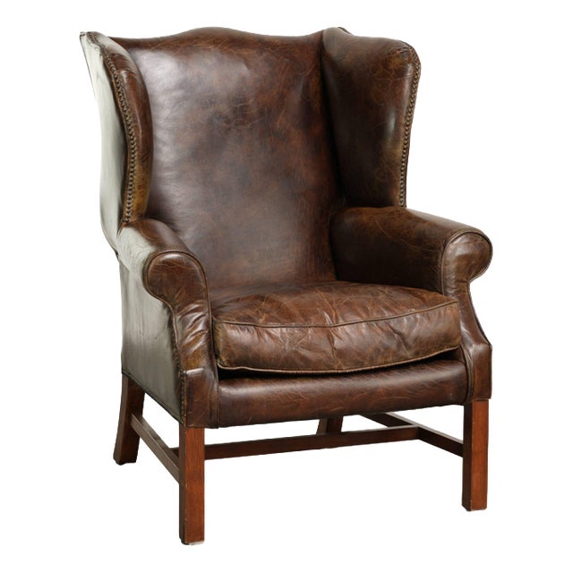 Vintage English Wing Armchair In Grained Cowhide Leather For Sale