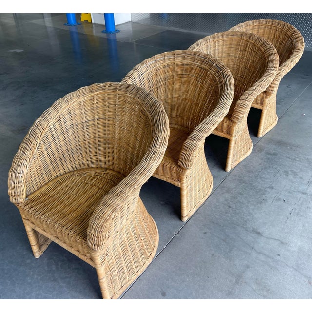 Vintage Organic Modern Wicker Pedestal Dining Table & 4 Barrel Chairs, 48” Glass Top For Sale - Image 10 of 17