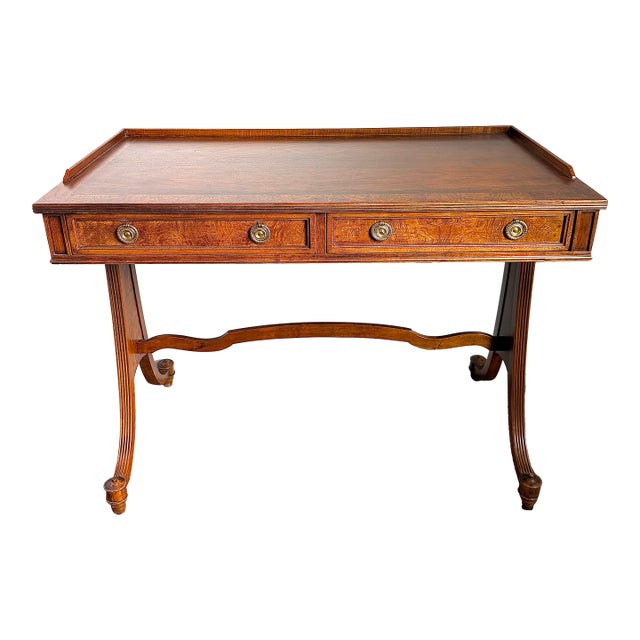 1950s Baker Furniture Mahogany and Burl Wood Writing Desk / Console Table With Gallery Back – Traditional Elegant Design For Sale
