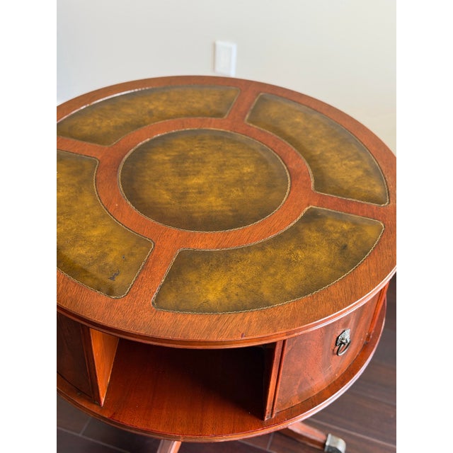 Mid 20th Century Vintage Mahogany Revolving Drum Library Table With Leather Top Duncan Phyfe Style Rotating Bookcase End Table For Sale - Image 5 of 12