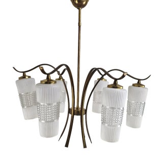 Mid-Century Italian Brass Chandelier with Murano Style Glass Shades, 1960s For Sale
