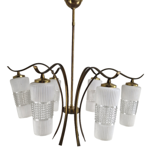 Mid-Century Italian Brass Chandelier with Murano Style Glass Shades, 1960s