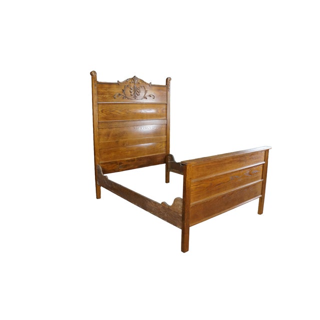 Victorian Antique 19th C. American Victorian Carved Golden Oak Paneled High Back Bed Frame For Sale - Image 3 of 18