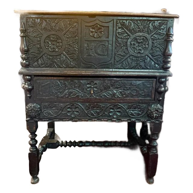 Superlative Example of an Antique 18th Century Carved Oak Bible Box on Matching Stand For Sale