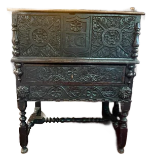Superlative Example of an Antique 18th Century Carved Oak Bible Box on Matching Stand