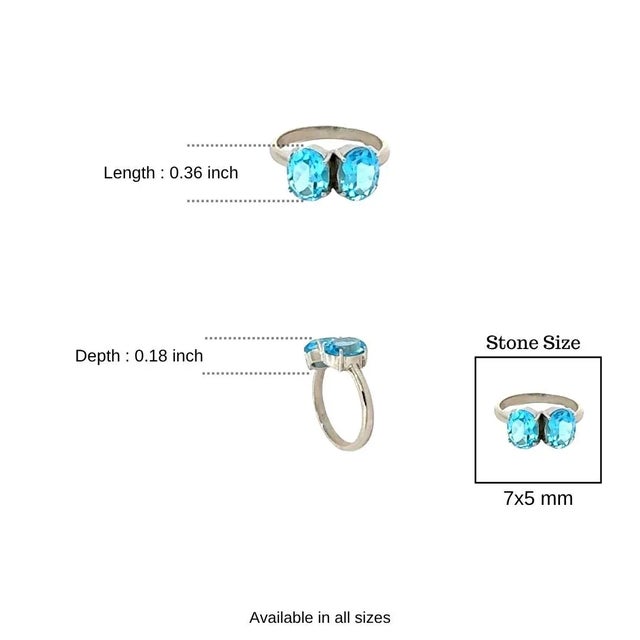 Two Stone Blue Topaz Faceted Round Cut 10 Mm Ring in Solid Silver - Size 8 For Sale - Image 10 of 13