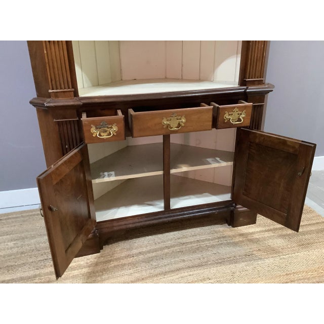 Antique Corner Cabinet Burled Wood Painted Interior 2 Pce Fluted Column Arched For Sale - Image 10 of 13