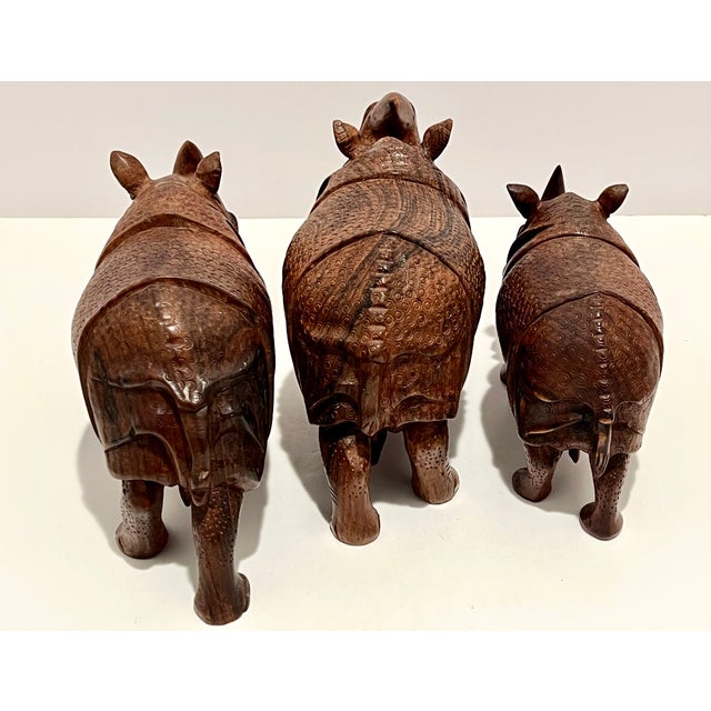 1970s Set of 3 Hand-Carved Solid Wood Rhinoceros Sculptures, Textured Hide, Inlaid Teeth and Toenails For Sale - Image 18 of 18