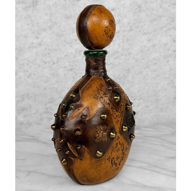 Gothic Vintage Italian Tooled Leather Wrapped Cognac Liquor Decanter W/ Stopper For Sale - Image 3 of 10