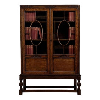 Antique English Oak Glazed Display Cabinet, 1900s For Sale