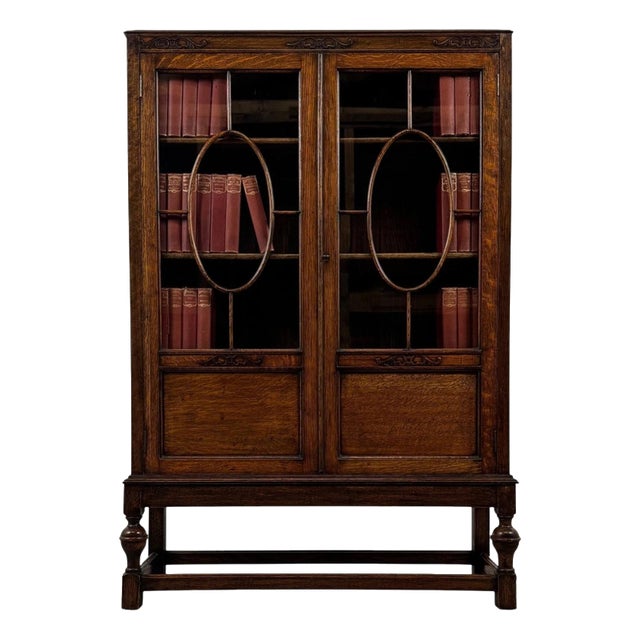 Antique English Oak Glazed Display Cabinet, 1900s For Sale
