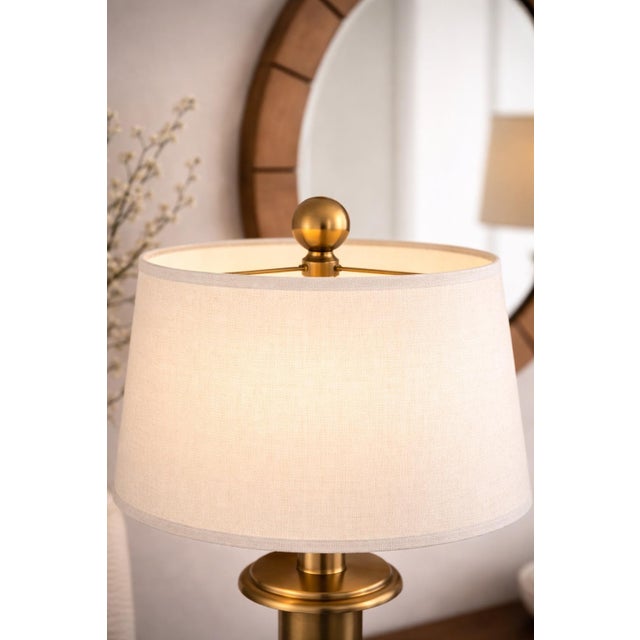 Late 20th Century Title: Pair of Antiqued Brass-Tone Urn Table Lamps With Linen Shades – 27" Transitional Neoclassical Lighting For Sale - Image 5 of 6