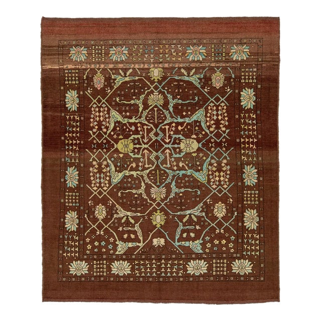 8 X 9 Modern Floral Designed Revival Wool Rug in Brown For Sale