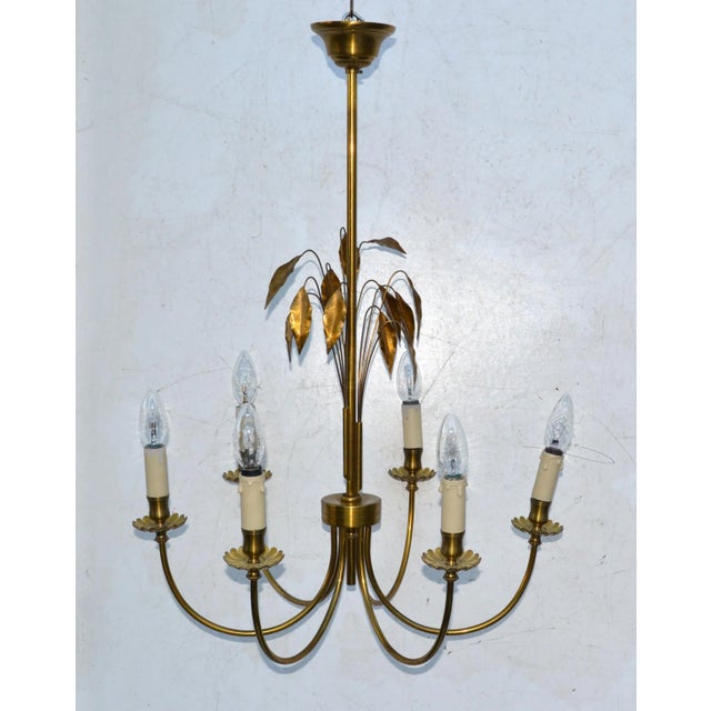 Maison Baguès Maison Charles Style Feuilles Gold Leaf & Brass 6-Light Chandelier France 1960 For Sale - Image 4 of 13