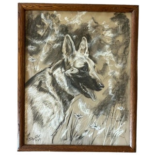 Vintage Framed Impressionist Pastel Drawing of a German Shepherd Dog For Sale