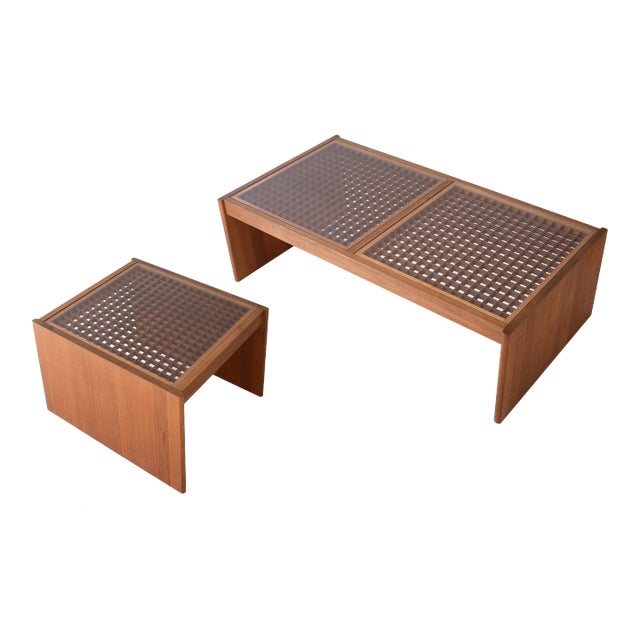 Vintage Danish Komfort Lattice Pattern Teak Glass Coffee & Side Table Set For Sale