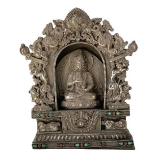 Tibetan Buddhist Beaded Coin Silver Devotional Portable Shrine (Ghau Box) For Sale