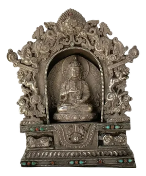 Tibetan Buddhist Beaded Coin Silver Devotional Portable Shrine (Ghau Box)