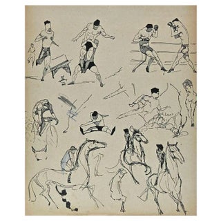 Norbert Meyre, Sportsmen, Original Drawing, Mid-20th Century For Sale