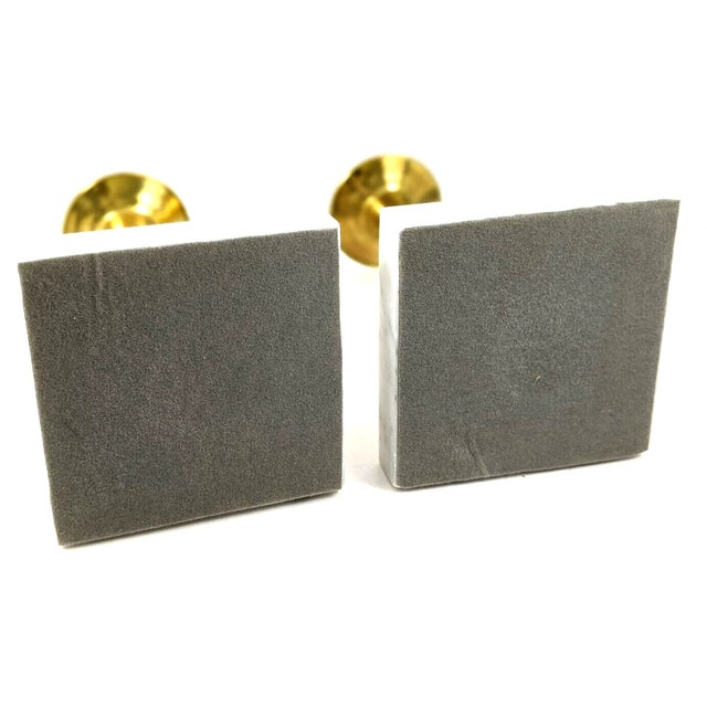Mid-Century Modern Vintage Italian Solid Ribbed Brass and Carrera Marble Candle Stick Holders-Set of 2 For Sale - Image 3 of 5