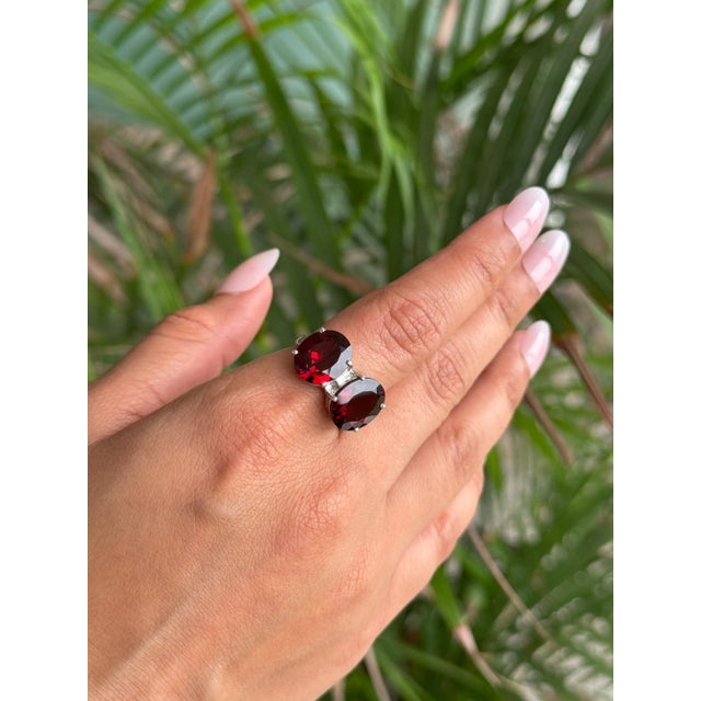Toi Et Moi Red Garnet Two Stone Ring for Women Set in 925 Silver - Size 6 For Sale - Image 4 of 12