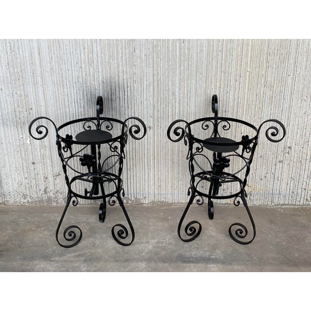 20th Century Set of Two Black Wrought Iron Painted Adjustable Plant Stands For Sale - Image 4 of 12