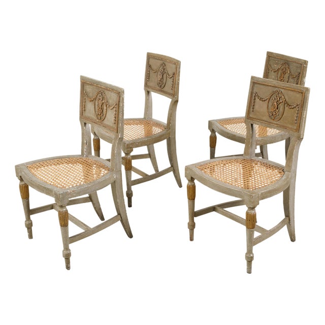 Set of Four French 18th Century Painted Side Chairs with Liberal Arts Allegory For Sale