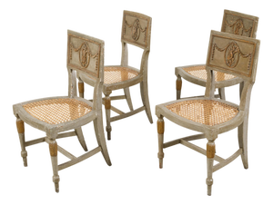 Set of Four French 18th Century Painted Side Chairs with Liberal Arts Allegory