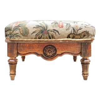 English Carved Wood Upholstered Ottoman For Sale