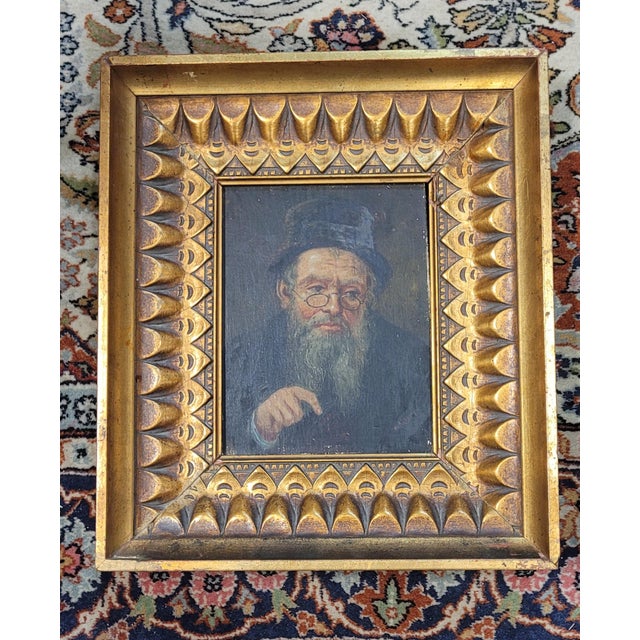 H Moser 19th C. Oil on Wood Panel Portrait of a Rabbi Mounted in a Gilt Frame For Sale - Image 4 of 7